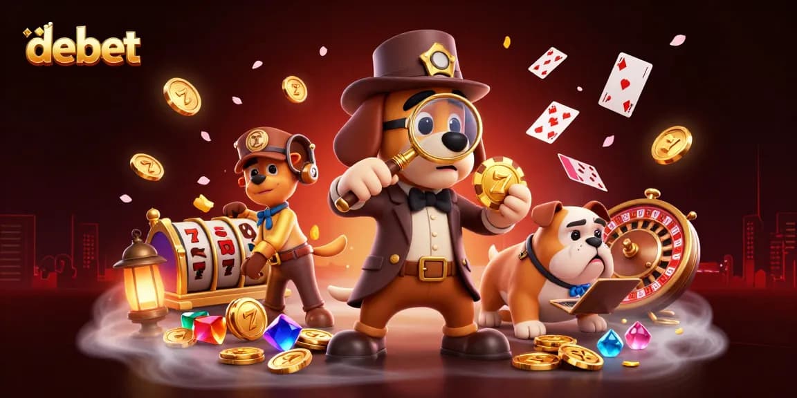 Play casino games and discover debet’s secrets while examining poker clues in an exciting illustration.