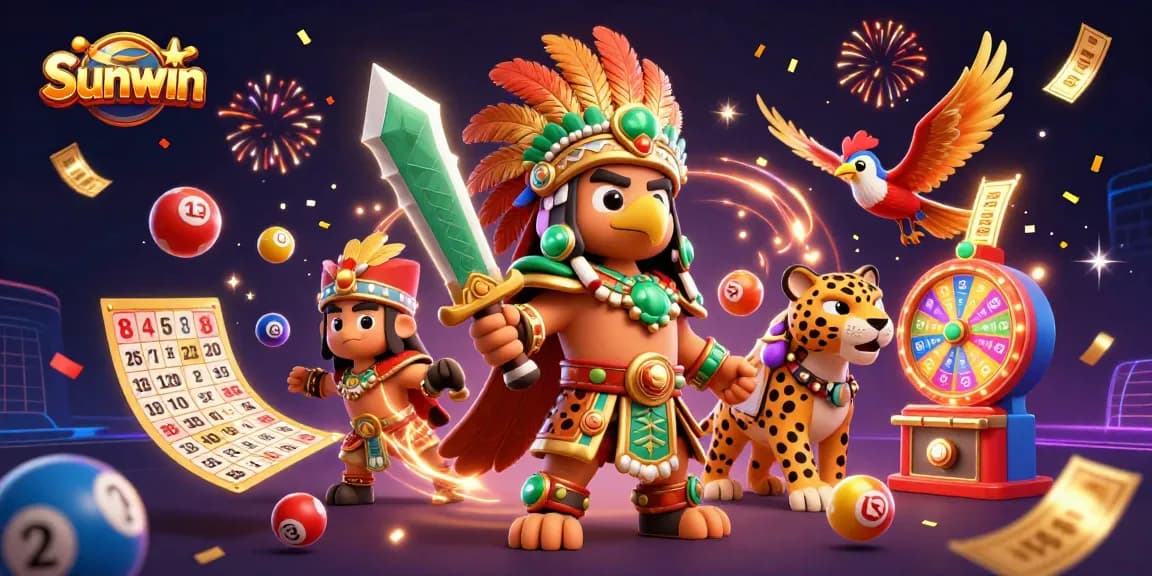 Experience the thrill of Sunwin with vibrant lottery elements and dynamic characters.