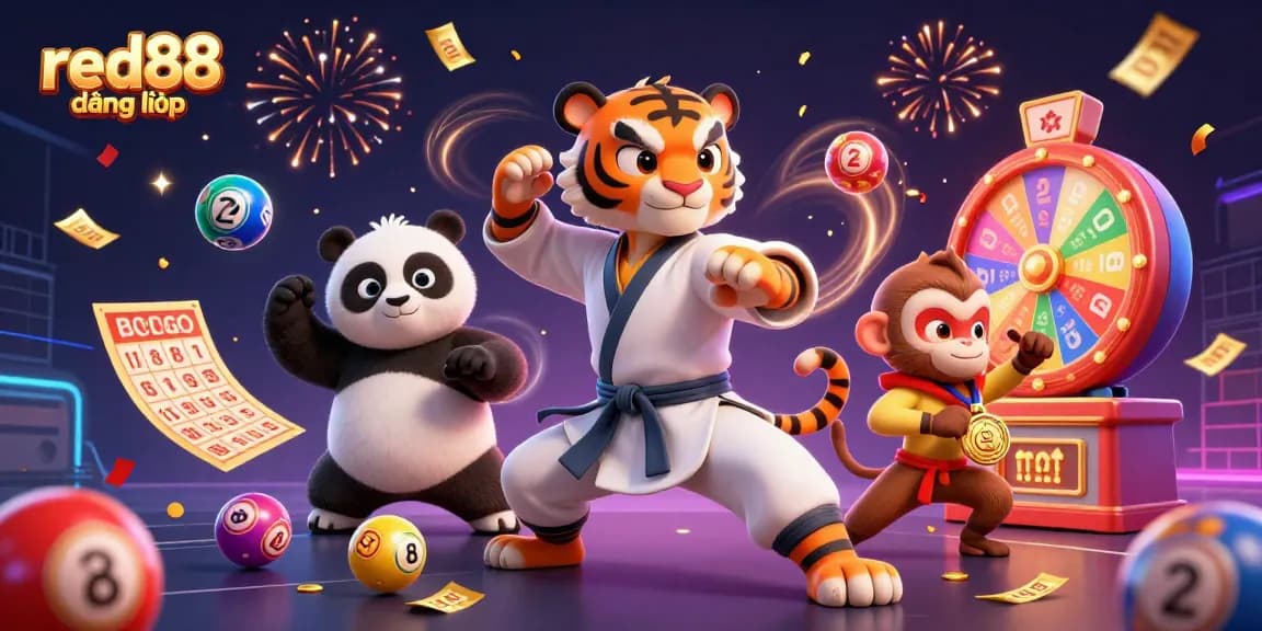 Engage with red88 đăng nhập through an exciting 3D casino scene depicting animated characters and vibrant lottery elements.