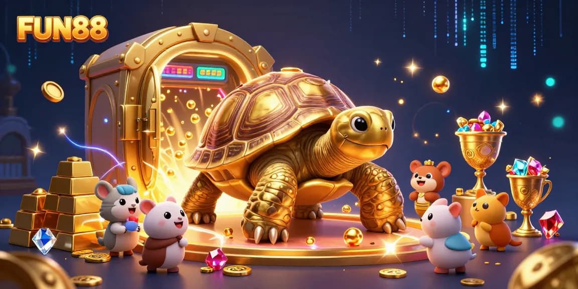 Experience the excitement of FUN88's magical casino world with a golden tortoise pinball machine surrounded by treasures.