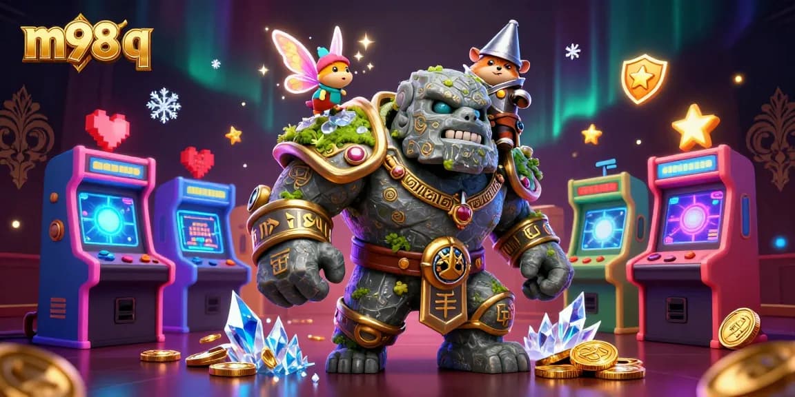 Engage in m98 q adventures with a stone golem, fairy, and hamster knight amidst vibrant casino elements.