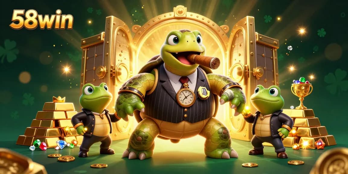 Experience the thrill of 58win with a vibrant cartoon illustration of casino elements and characters.