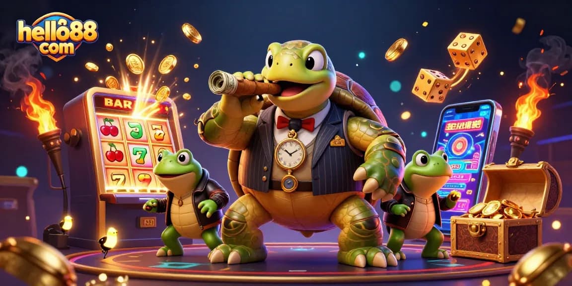 Engage with the thrilling world of hello88 com as cartoon characters celebrate a jackpot win amidst vibrant casino elements.