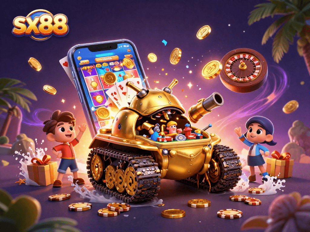 Play the exciting sx88 games with a vibrant, immersive casino scene illustrated in 3D.
