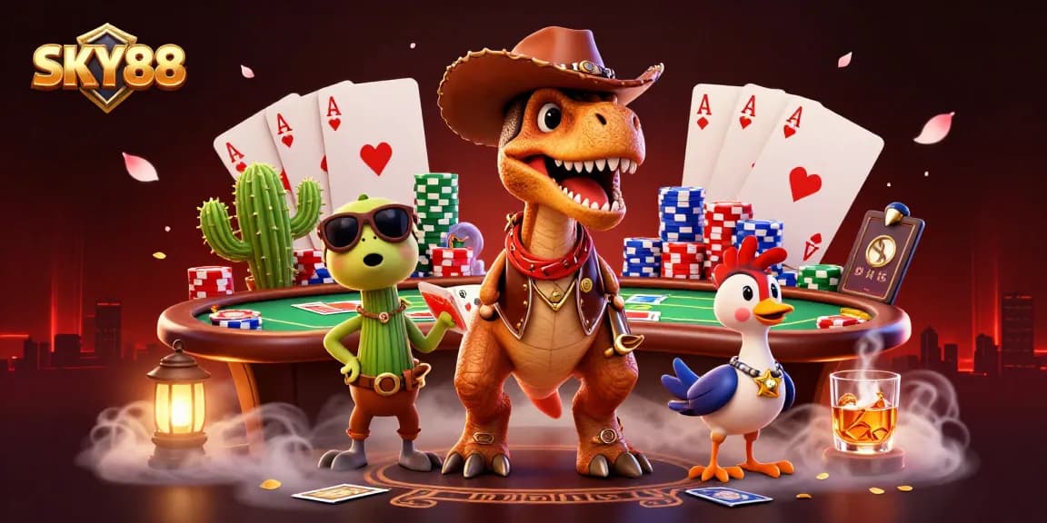 SKY88 casino illustration featuring dynamic 3D characters engaging around a vibrant poker scene.