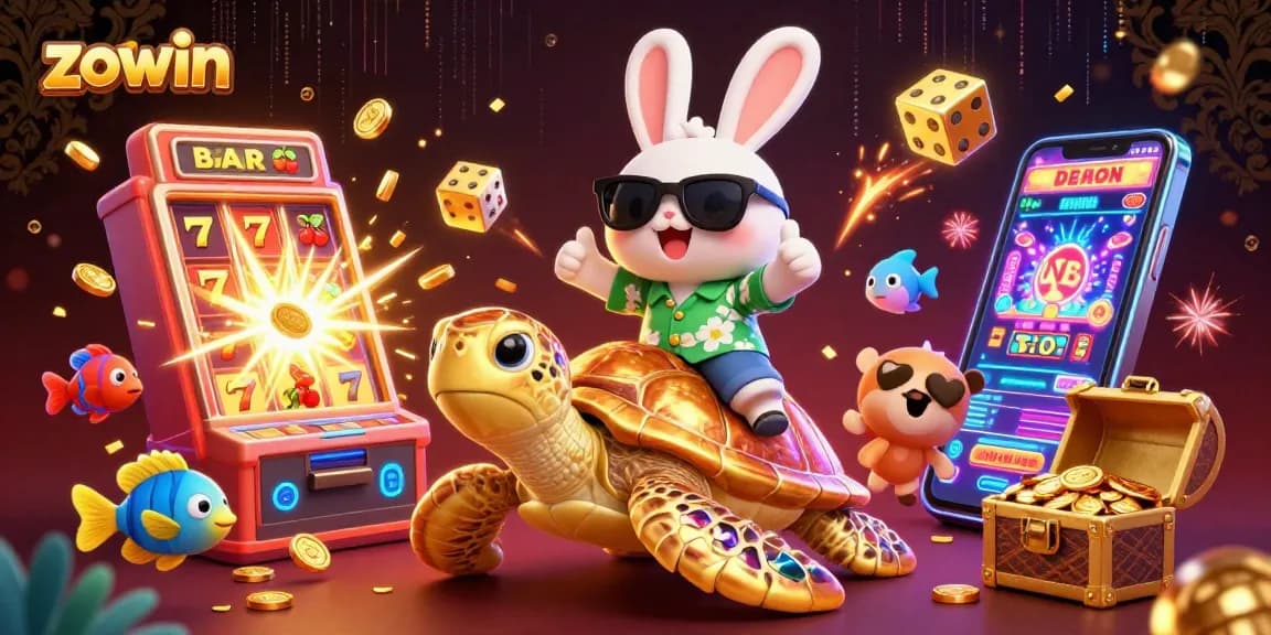 Spin the jackpot at Zowin with a charming rabbit and golden turtle amidst casino chaos.