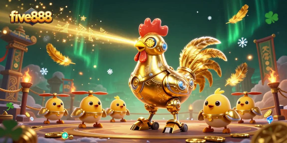 Engage with five888's thrilling casino action featuring a golden robot rooster and cheerful drones.