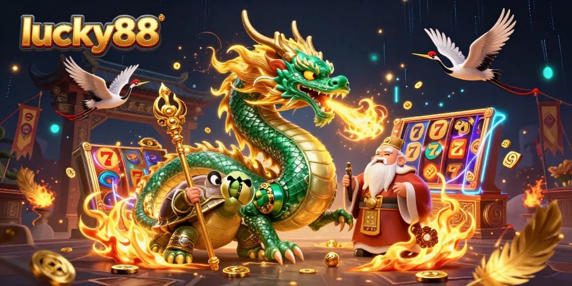 Engage in lucky88 gaming action with a dragon, sage, and cranes in a vibrant casino setting.