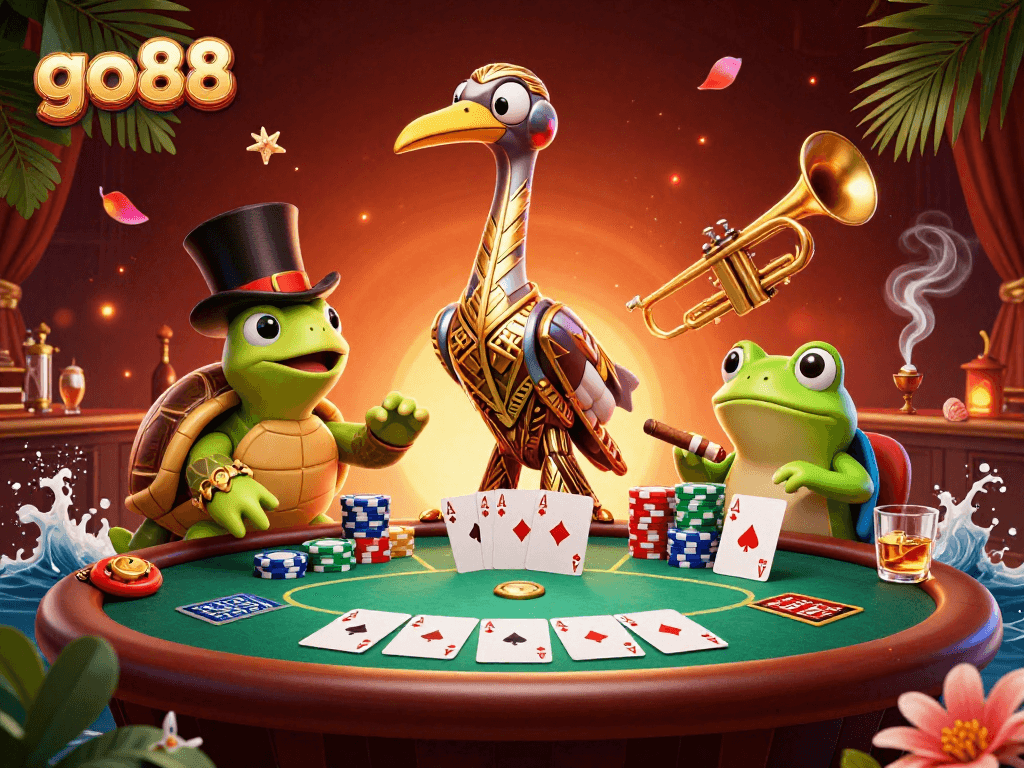 Experience the excitement of go88 as you play poker with colorful chips and characters in a vibrant casino atmosphere.