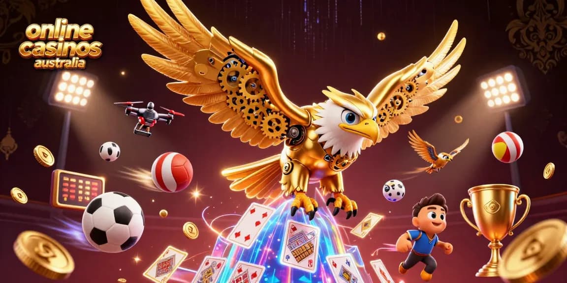 Experience thrilling gameplay with online casinos Australia showcasing a cybernetic eagle diving through holographic cards.