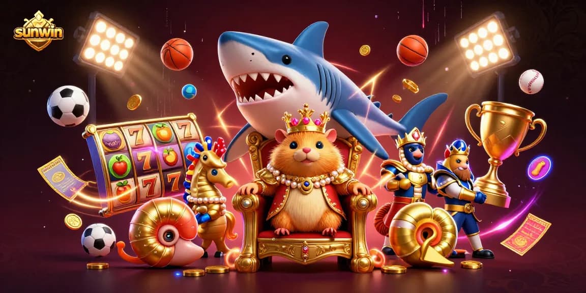 Engage with sunwin's thrilling jackpots, featuring a golden hamster king on a megalodon throne surrounded by dynamic casino elements.
