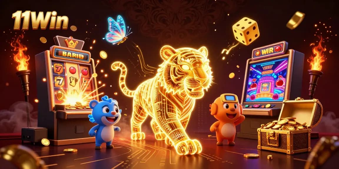 Experience thrilling gameplay with 11Win's vibrant casino illustration featuring a golden light tiger in action.