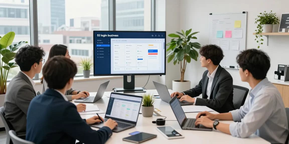 Business team using 02 login business interface in a modern office