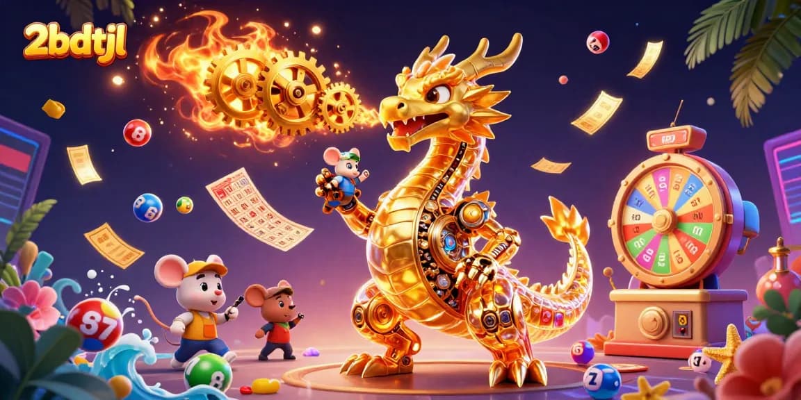 Experience thrilling gaming action with the dragon of 2bdtjl surrounded by lottery excitement.