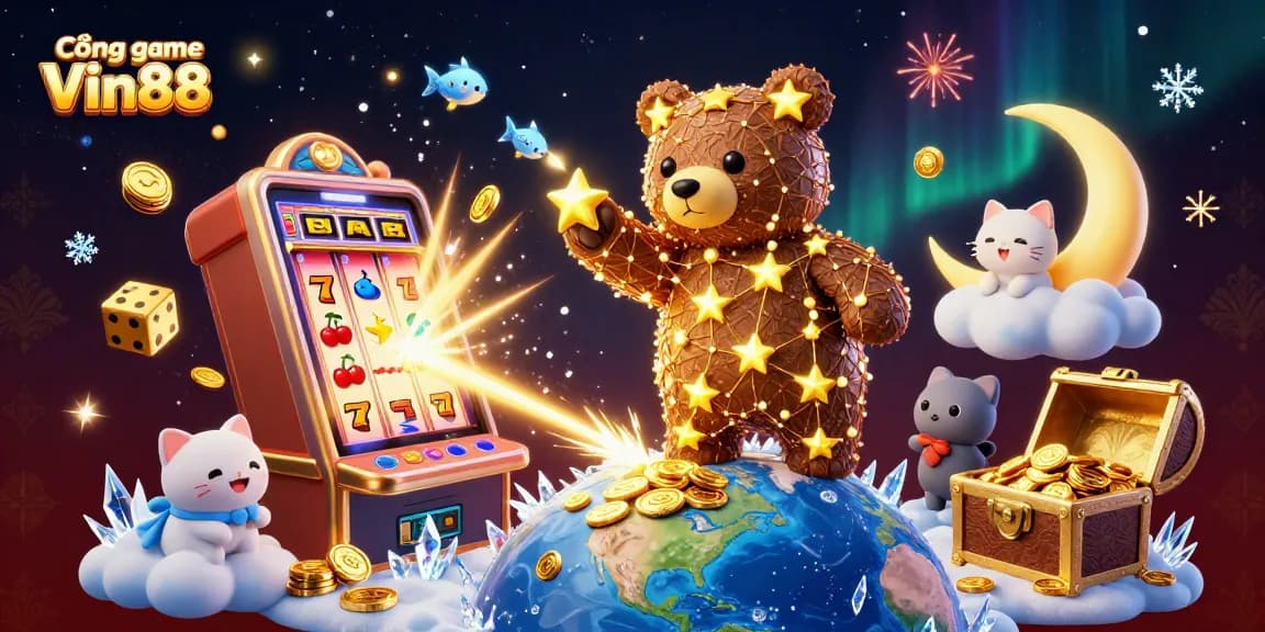 Play exciting games at Cổng game Vin88 with a vibrant 3D illustration featuring slots and casino fun.
