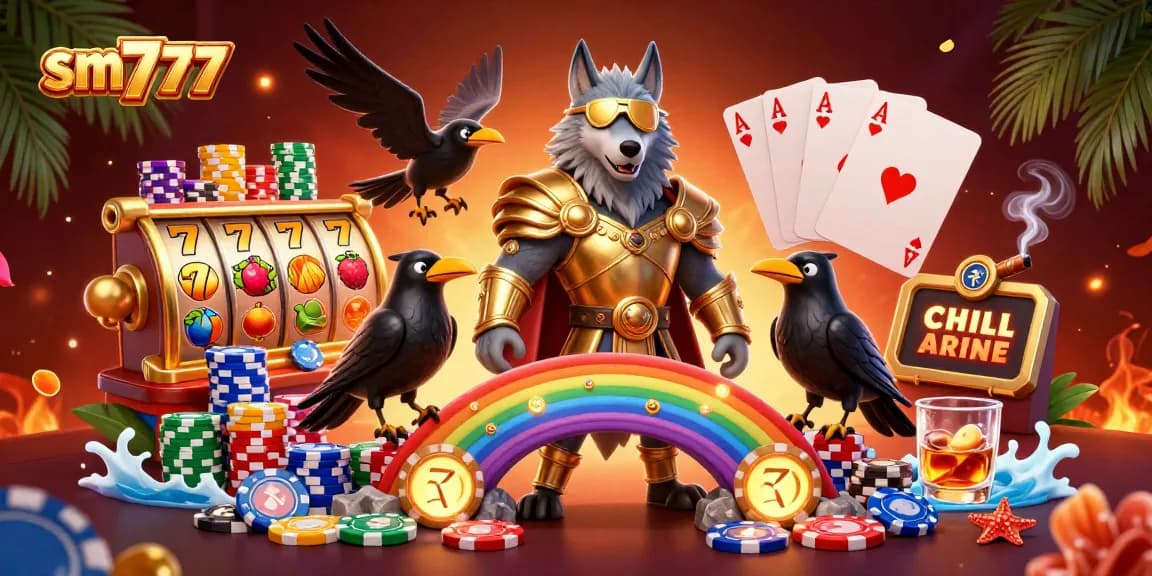 Experience thrilling online gaming with sm777 in a vibrant 3D casino illustration packed with slot machines and action.