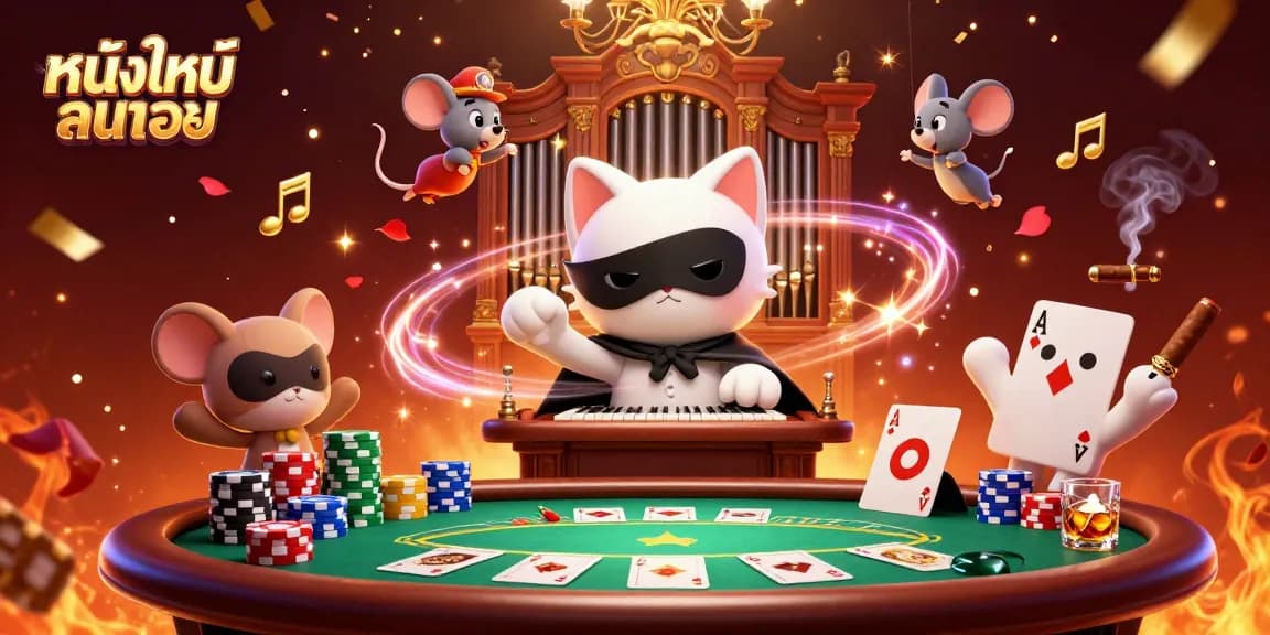 Engaging scene showcasing หนังใหม่ชนโรง with a phantom cat and mouse acrobat in a rich casino setting.