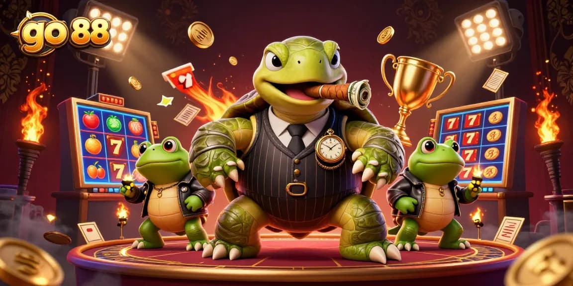 Experience exhilarating slots action at go 88 with a massive snapping turtle in a pinstripe suit and vibrant gaming elements.