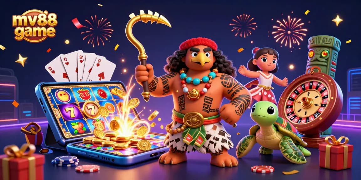 Play the exciting mv88 game with colorful slot symbols, lively characters, and dynamic casino elements.