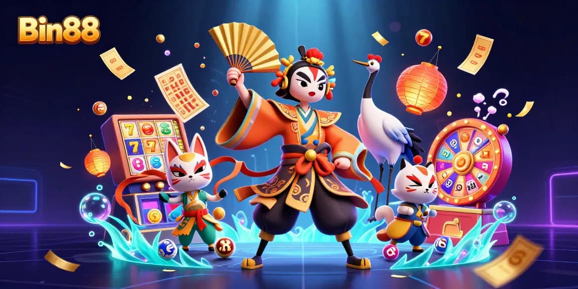 Engage with Bin88's thrilling slot experience featuring a kabuki warrior, vibrant game elements, and dynamic visuals.