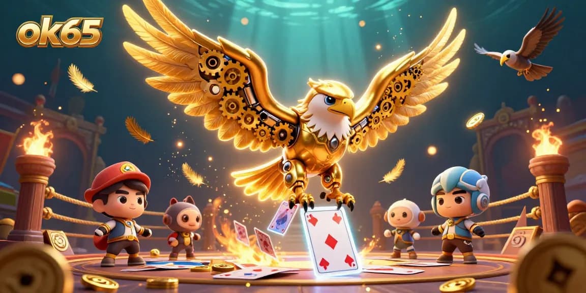 Experience high-stakes action in the ok65 casino scene with a cybernetic eagle soaring through holographic cards.