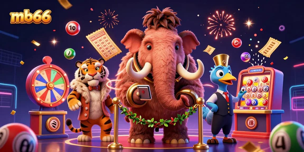 Celebrate with mb66 as a woolly mammoth bouncer checks IDs at a vibrant casino scene with lottery elements.