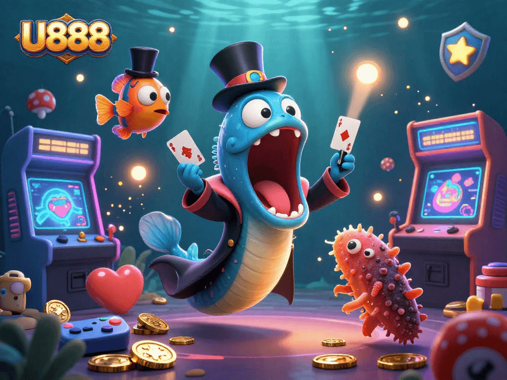 U888 showcases a vibrant 3D scene with an eel magician, anglerfish spotlight, and sea cucumber performing magic tricks.