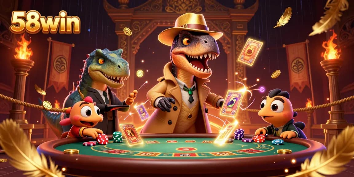 Experience the excitement of 58win with a velociraptor card counter and stegosaurus pit boss at a blackjack table.