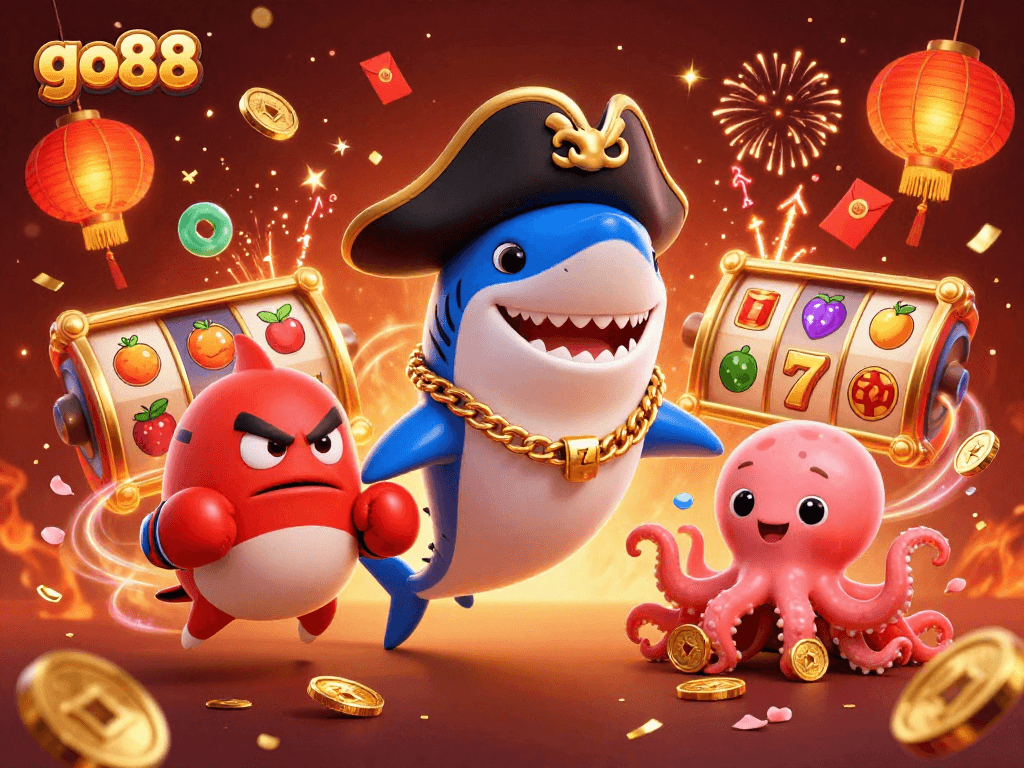 Experience the thrill with go88, featuring a playful pirate shark, pufferfish, and octopus amidst vibrant slot elements.