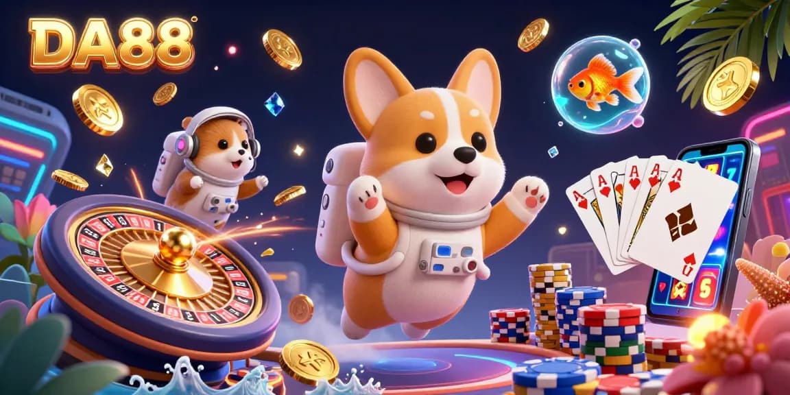 DA88 showcases a floating corgi and hamster in a vibrant casino setting, spinning roulette and poker elements.