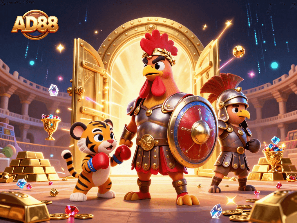 Engage with AD88's vibrant gambling scene featuring a gladiator rooster and treasures, showcasing excitement and winnings.