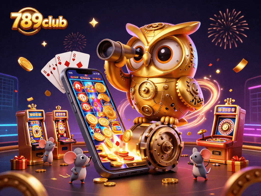Engage in thrilling casino action with 789club's vibrant depiction of a cartoon clockwork owl overseeing the excitement.