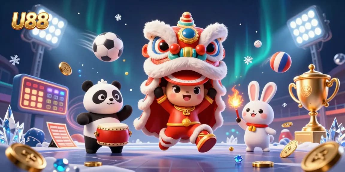 Experience thrilling wins with U88 in this vibrant 3D illustration of a festive casino scene.