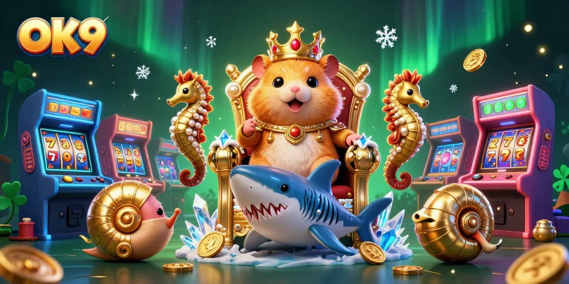 Experience thrilling gaming with OK9's colorful 3D casino scene featuring a golden hamster king and vibrant elements.
