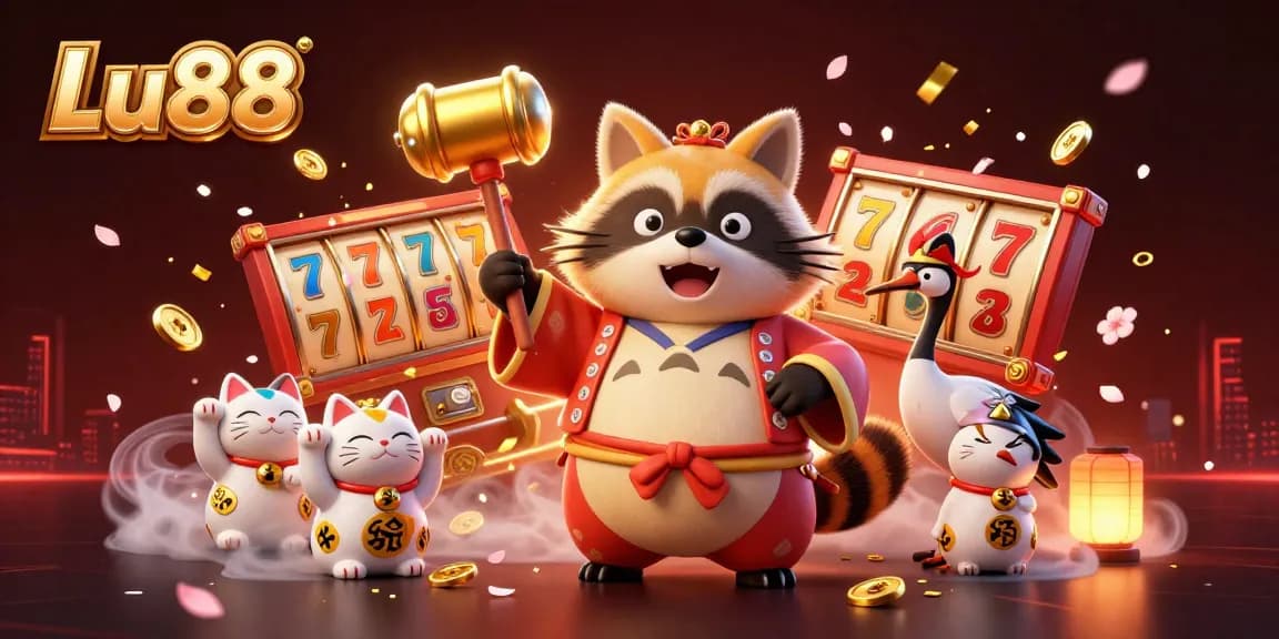 Engage with Lu88's vibrant slot games illustrated by a cheerful tanuki and lucky symbols.