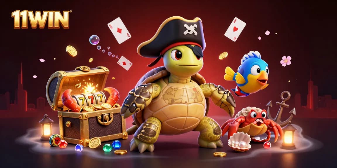 Engage with 11WIN's vibrant 3D casino-themed illustration featuring dynamic characters and exciting gaming elements.