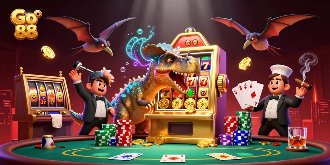 Go 88 jackpot scene with a pachycephalosaurus, slot machine, and vibrant casino elements.