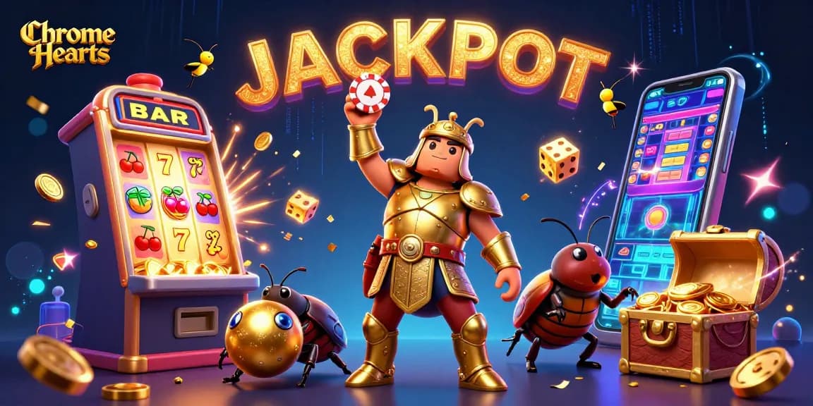 Chrome Hearts visuals come alive with a cartoon beetle lifting a poker chip amidst a jackpot explosion.