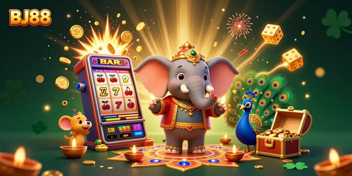 Spin to win at BJ88 with an energetic casino scene featuring a jackpot slot machine and colorful characters.