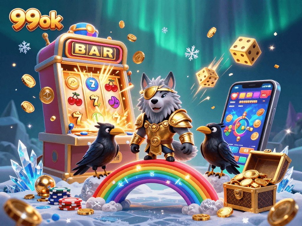 Engage with 99ok's dynamic casino universe featuring Odin and ravens on a rainbow bridge.