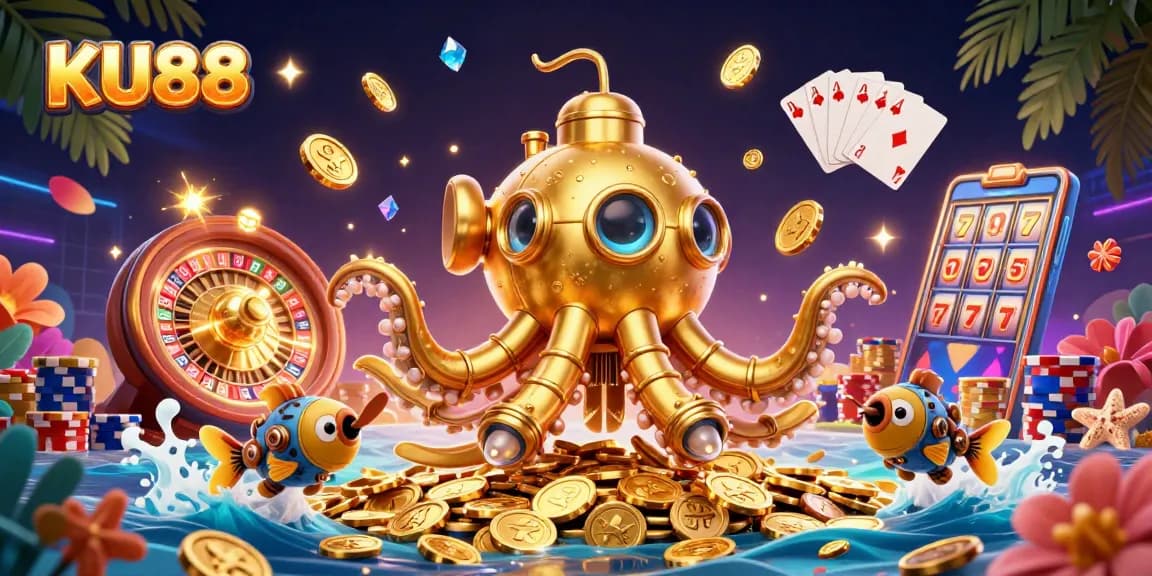 KU88 features a golden kraken submarine among vibrant casino elements and coins.