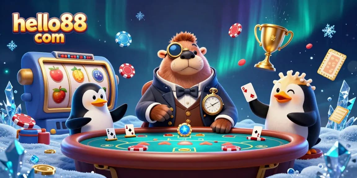 Experience the thrill at hello88 com with a jolly walrus playing poker in a vibrant underwater scene.