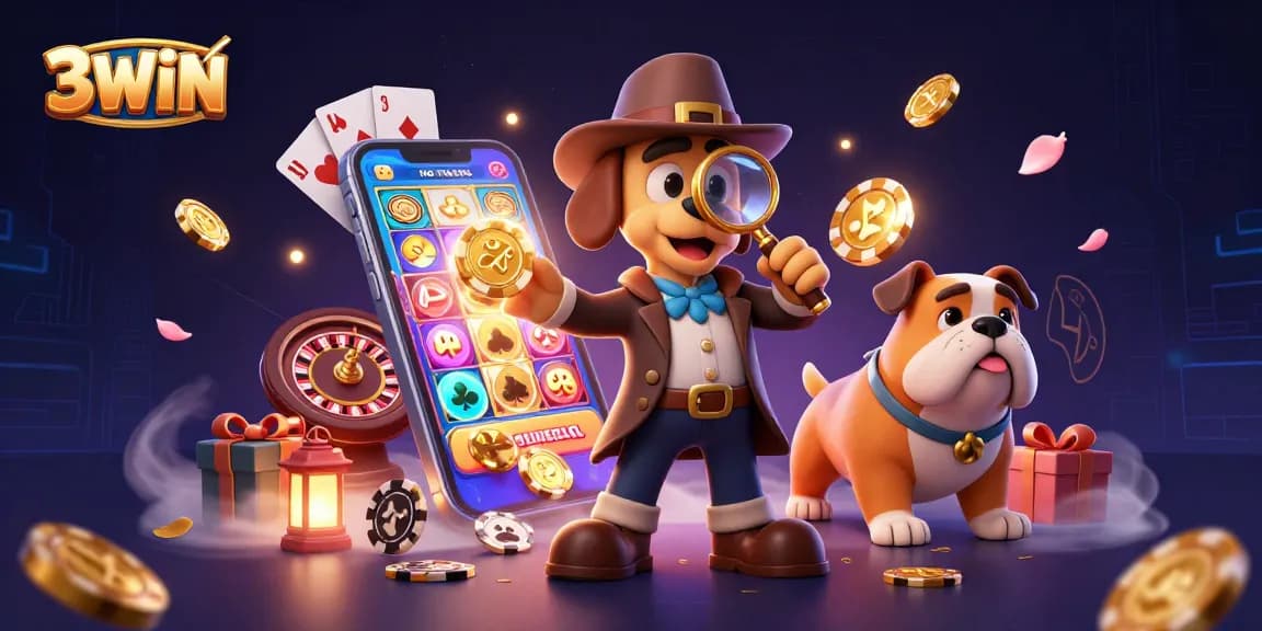Uncover exciting treasures with 3WIN, as a detective explores poker clues and vibrant slot games.