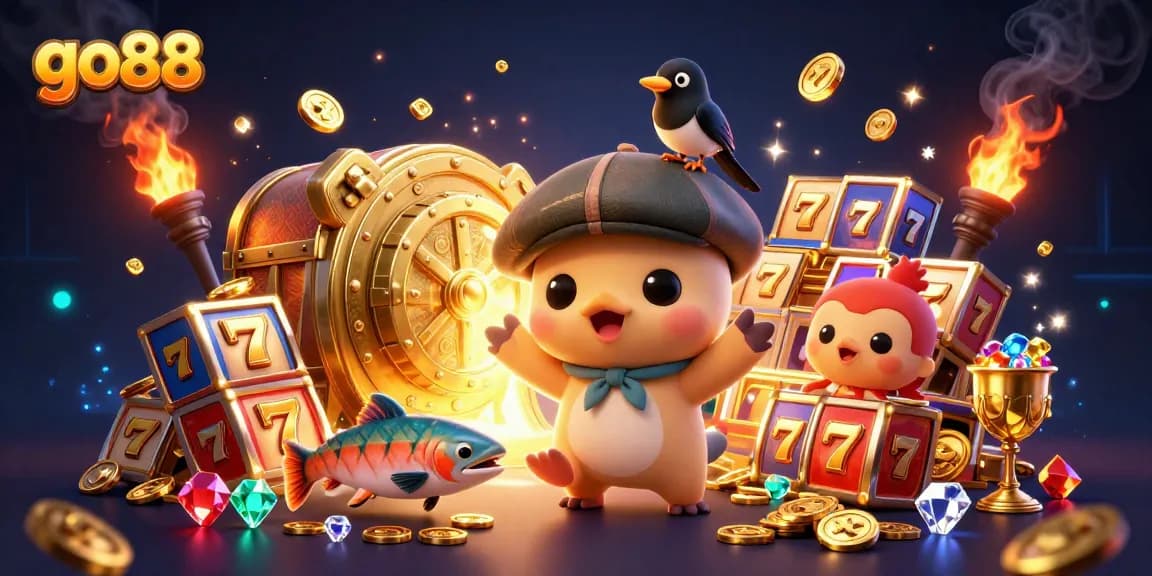 Experience thrilling gameplay at go88 with playful characters immersed in rich casino treasures.