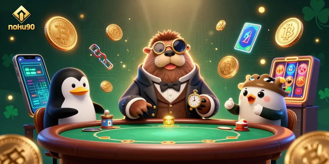 Play slot games with nohu90 featuring a 3D cartoon walrus, penguin dealer, and pufferfish bluffing.