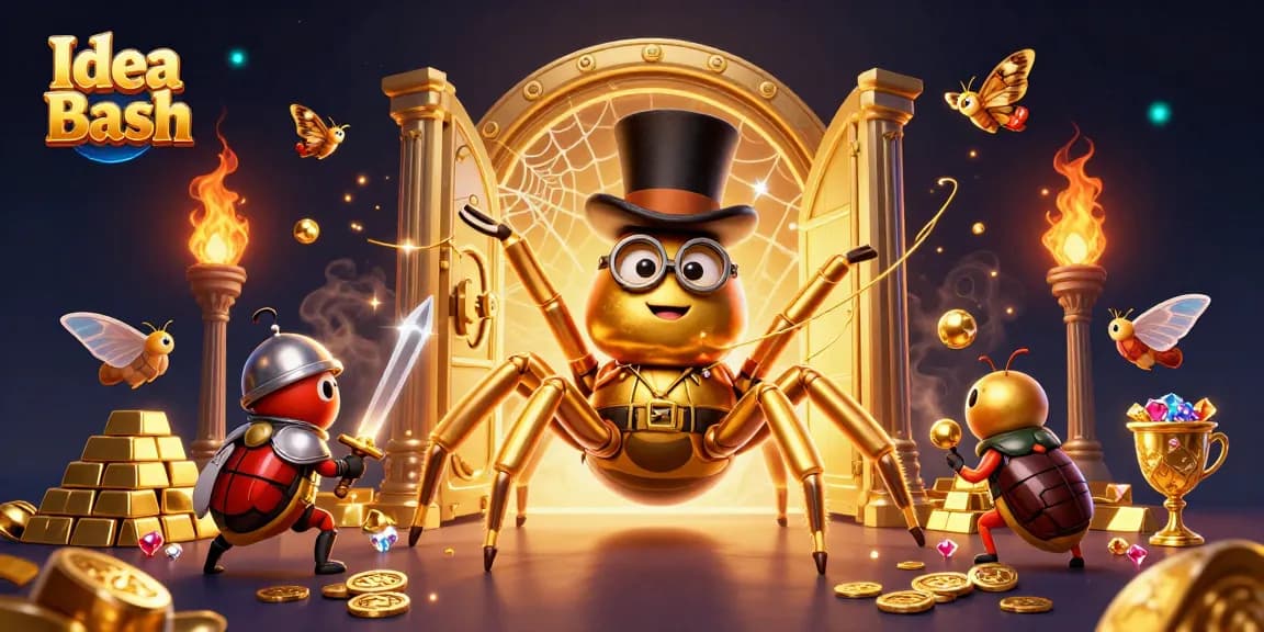 Experience thrilling gameplay with Idea Bash's vibrant casino adventure featuring golden characters and game elements.