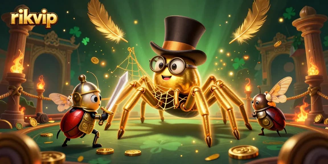 Experience thrilling games at rikvip with the golden tarantula and beetle knight in a vibrant casino scene.
