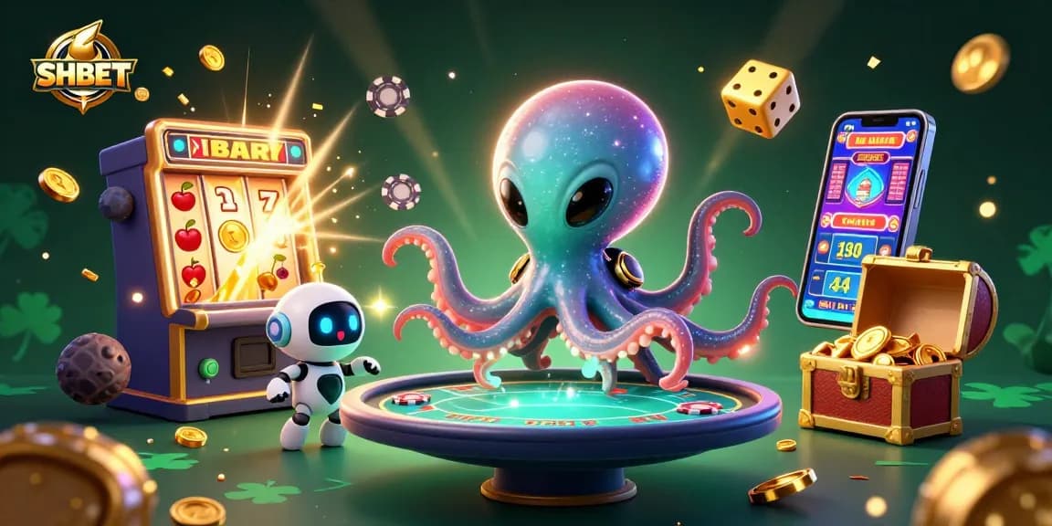 Engage with SHBET's thrilling experiences at a vibrant alien casino featuring playful characters and dynamic gaming elements.
