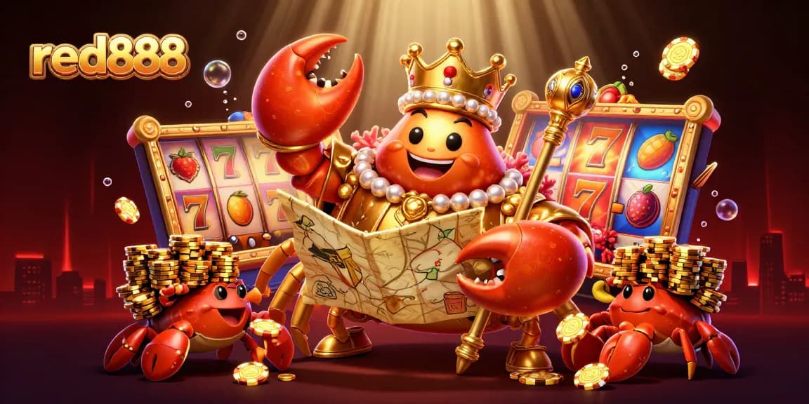 Experience the excitement of red888 with a massive golden crab emperor in a vibrant casino scene.