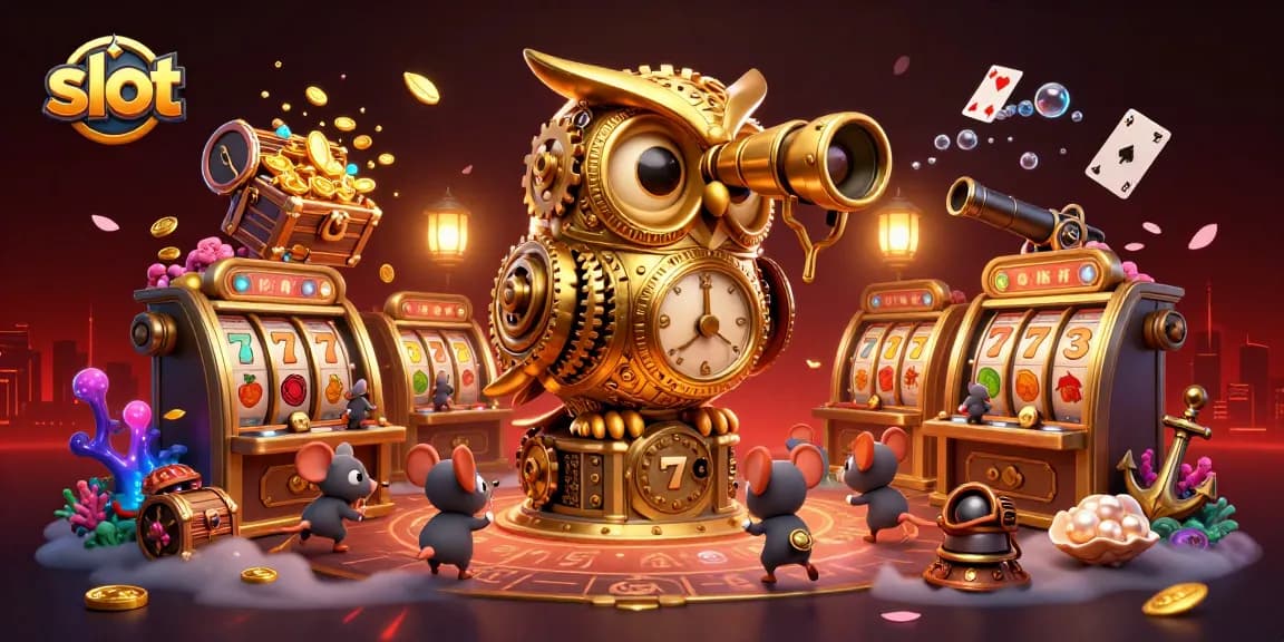Experience thrilling slot action with a golden owl and clever mice navigating brass slot machines.
